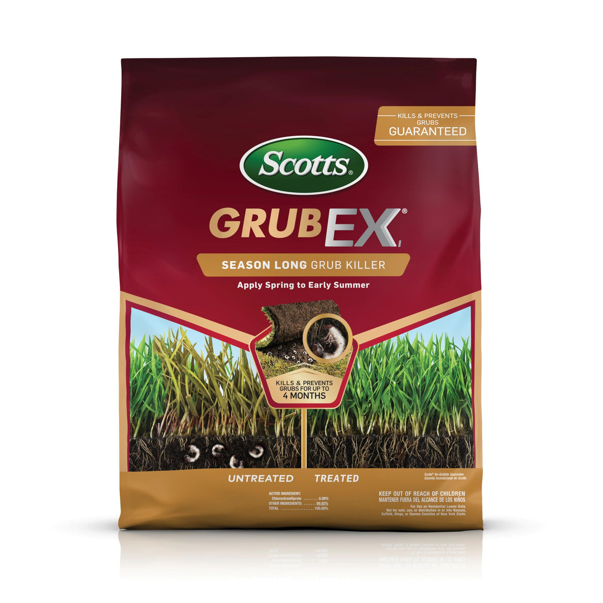 Scotts GrubEx1 bottle showing season-long grub protection for lawns.