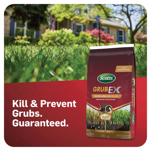 Scotts GrubEx1 bag beside spreader with recommended settings for even application.