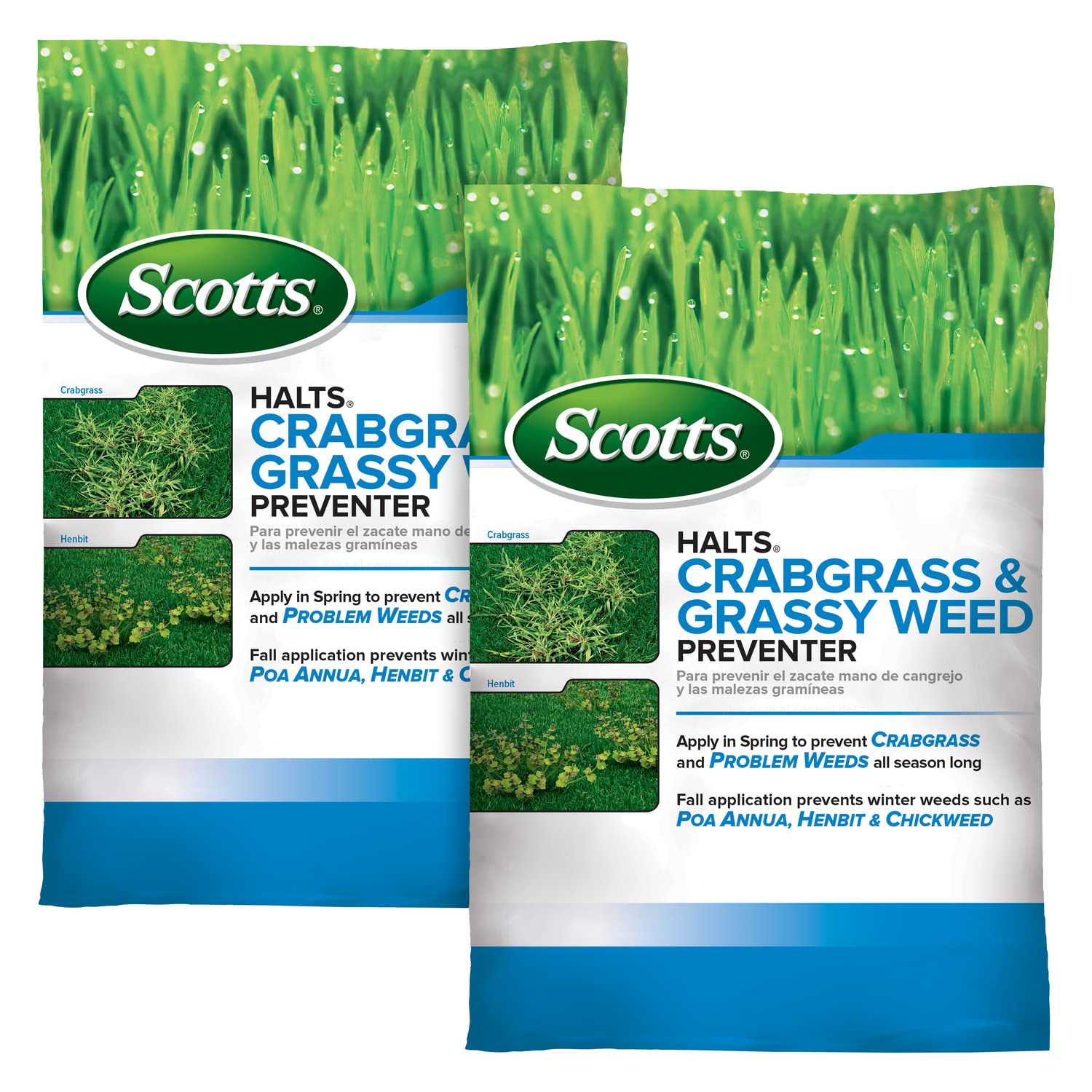Scotts Halts crabgrass preventer bottle poured onto a lush lawn.