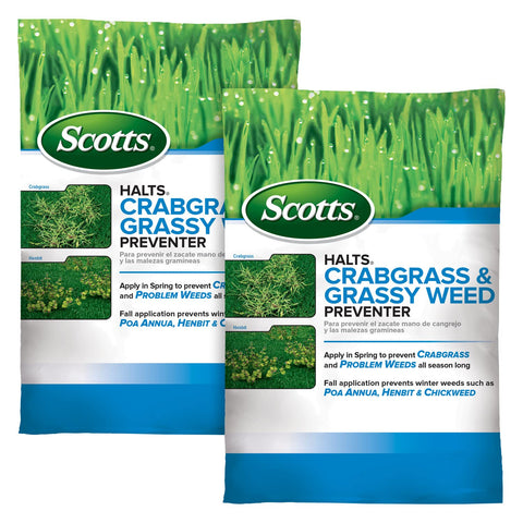Scotts Halts crabgrass preventer bottle poured onto a lush lawn.