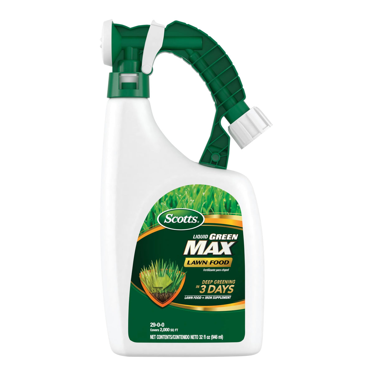 Scotts Liquid Green Max Lawn Food bottle with hose-end sprayer for quick, even lawn greening.