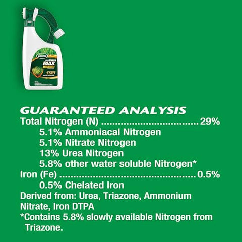 Scotts Liquid Green Max iron supplement close-up for deeper, vibrant color.