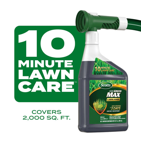 Homeowner applying Scotts Liquid Green Max to lawn for quick coverage.