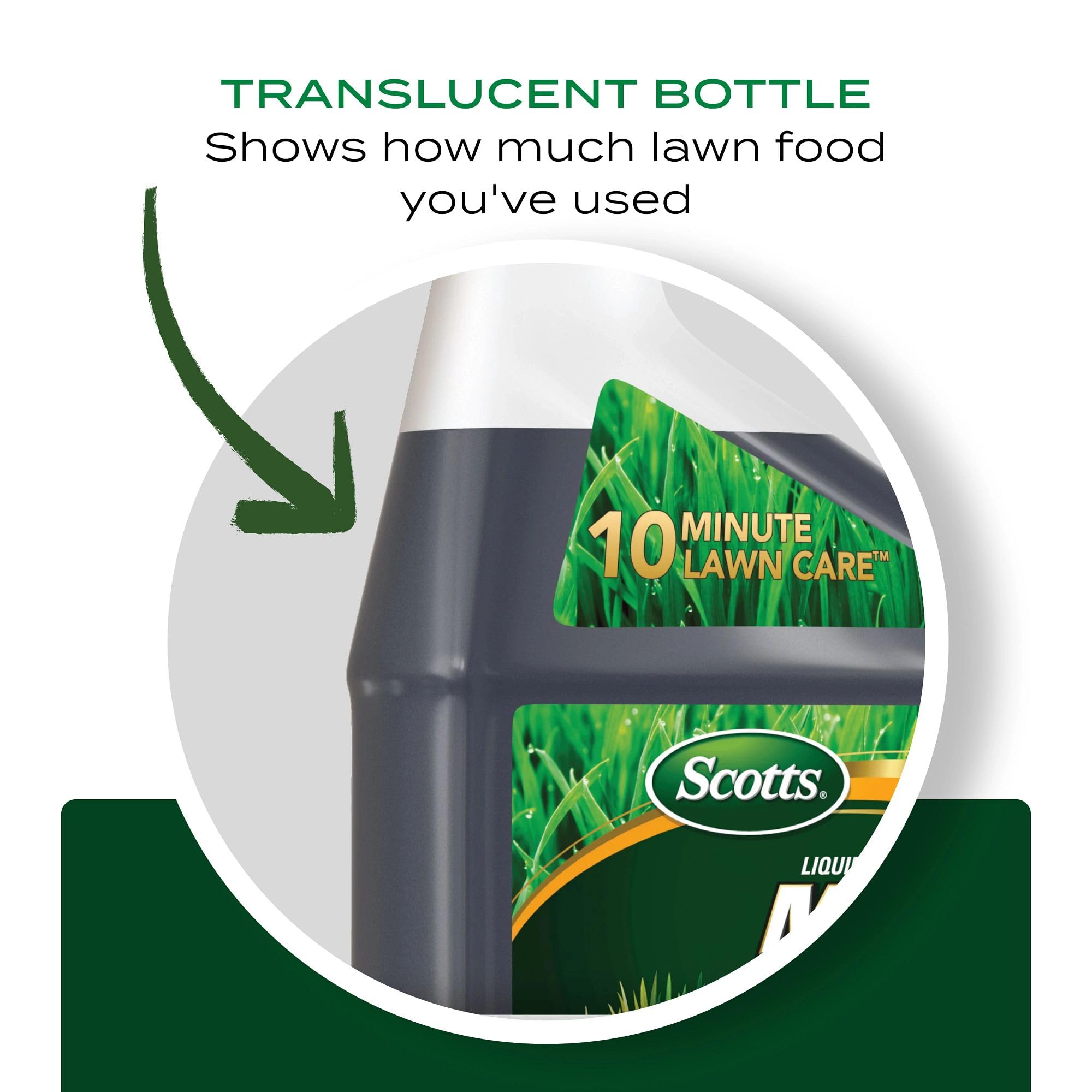 Translucent Scotts bottle shows exactly how much product is used during spraying.