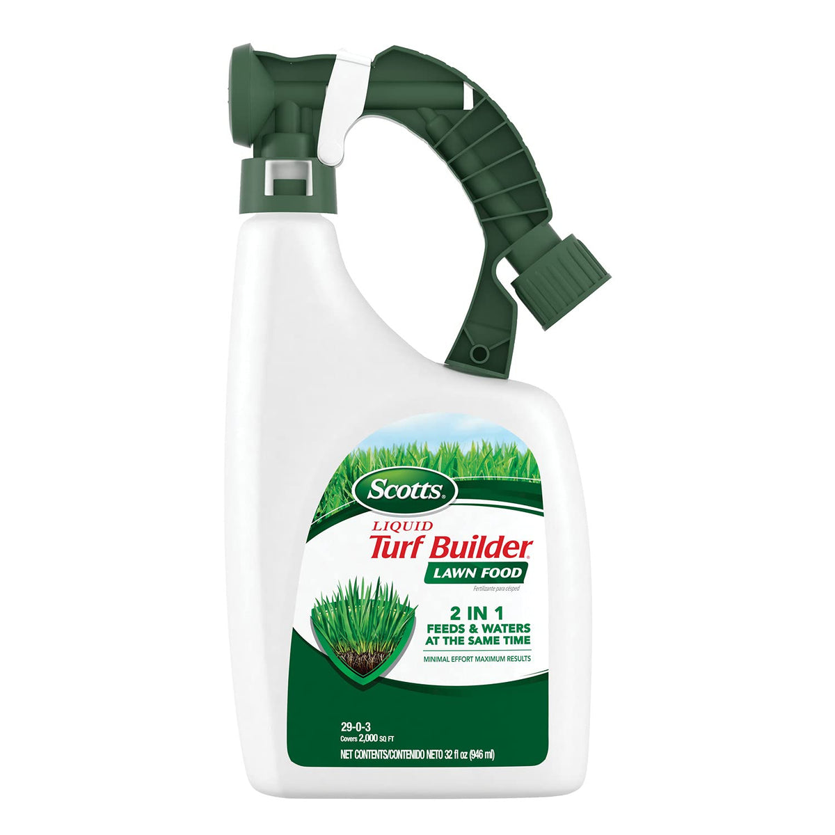 Scotts Liquid Turf Builder bottle with hose connection for easy lawn feeding.