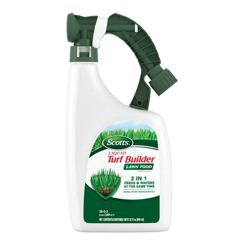 Scotts Liquid Turf Builder bottle with hose connection for easy lawn feeding.