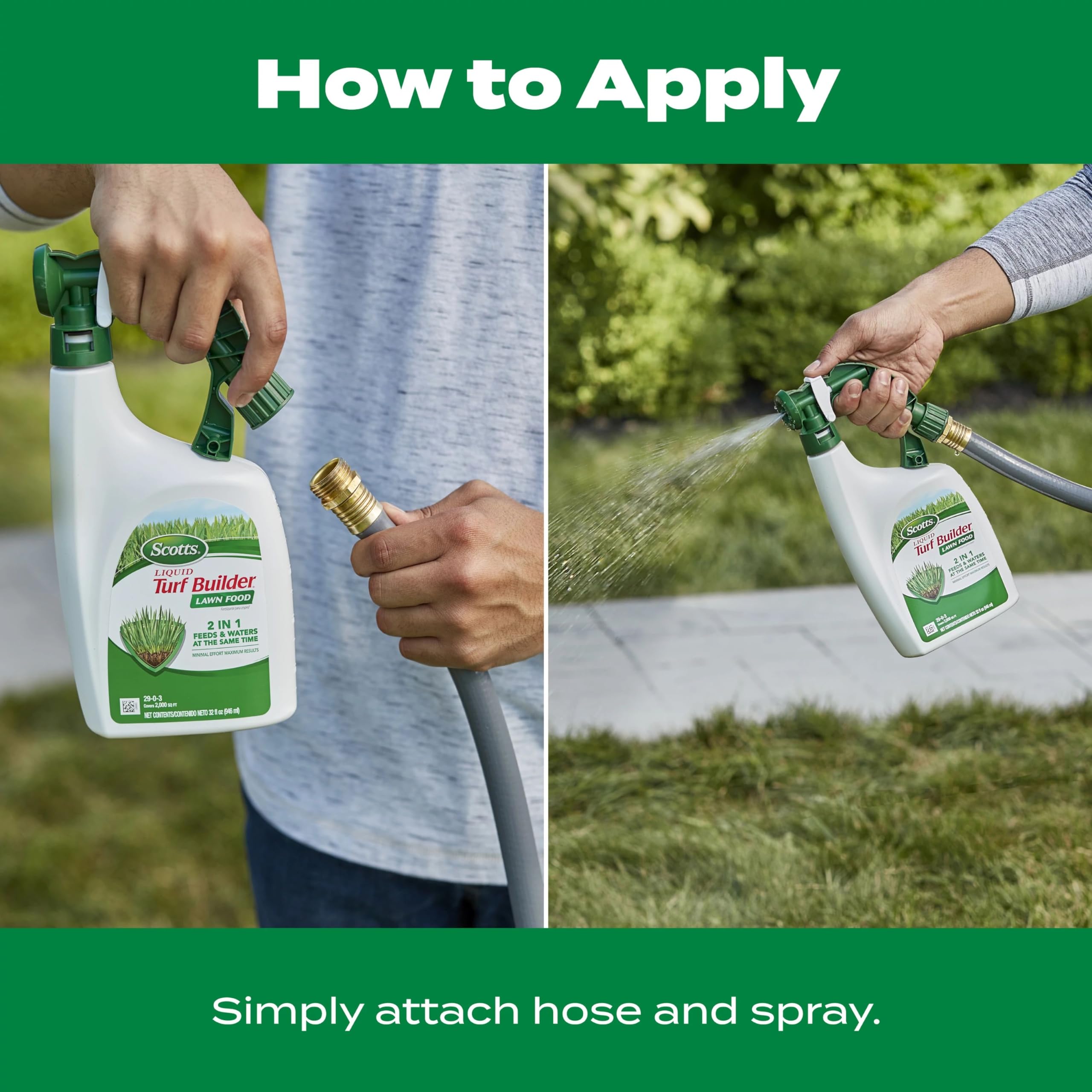 Scotts Liquid Turf Builder label closeup shows easy-to-use instructions.