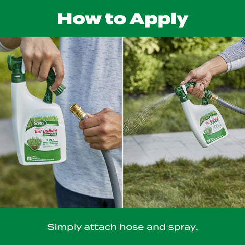 Scotts Liquid Turf Builder label closeup shows easy-to-use instructions.