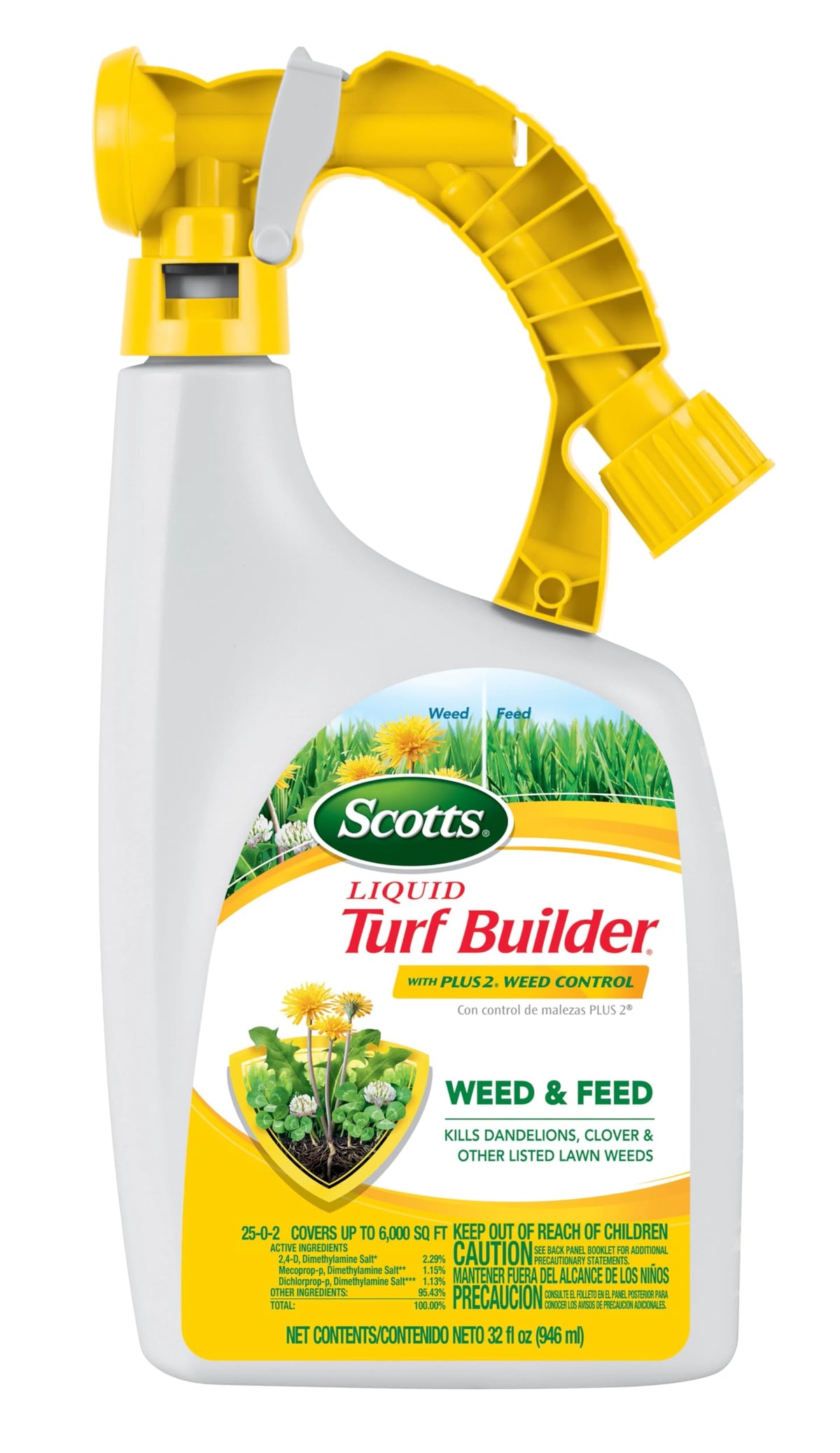 Scotts Liquid Turf Builder bottle ready for weed control and lawn feeding.
