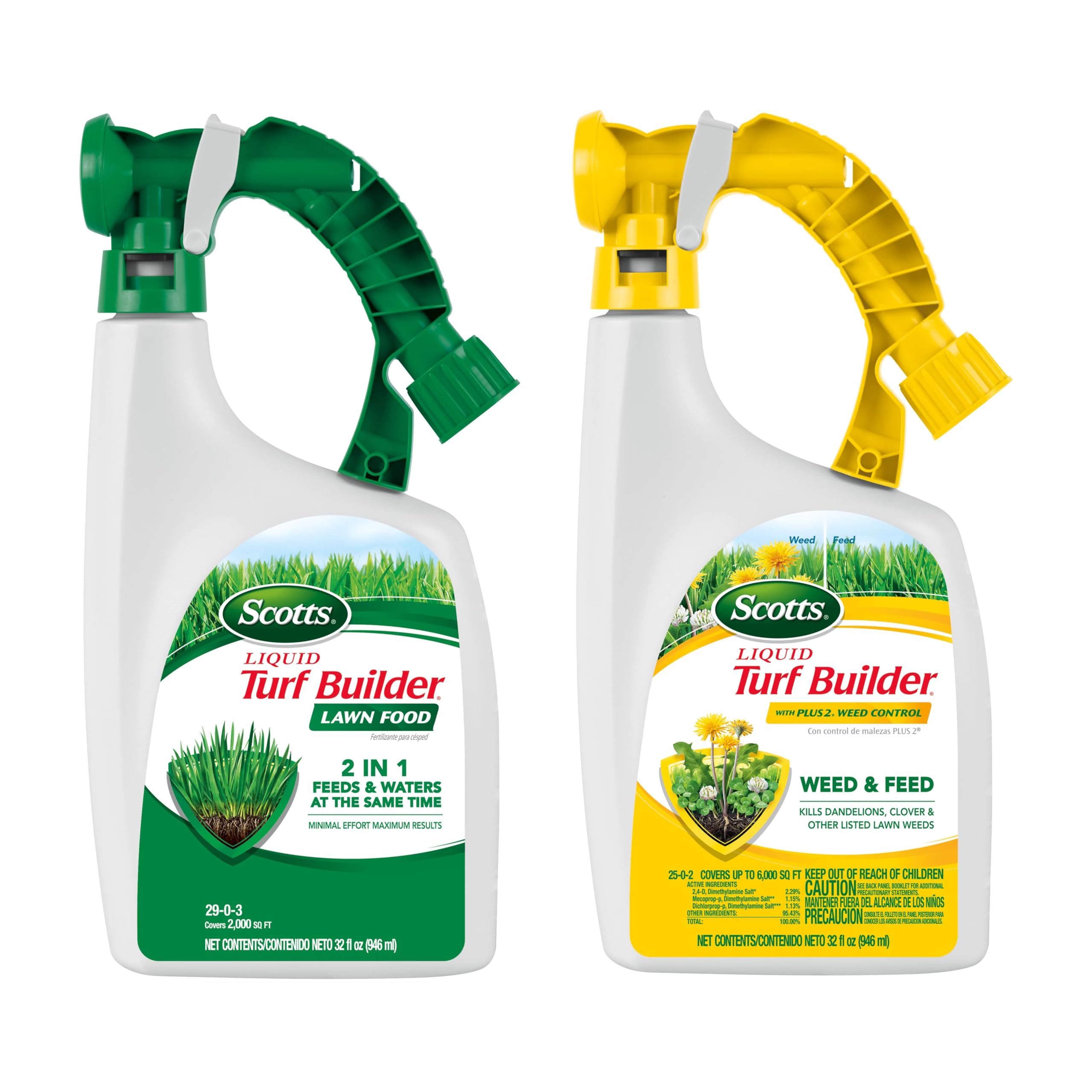 Scotts Liquid Turf Builder Plus 2 Weed Control bottle for easy weed killing while feeding.