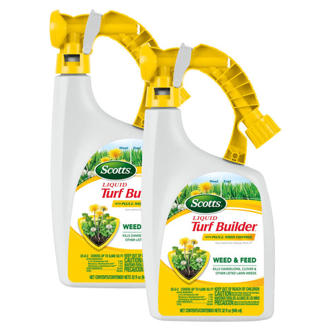 Scotts Liquid Turf Builder Plus 2 Weed Control bottle ready for lawn treatment.