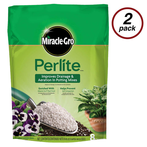 Scotts Miracle-Gro Perlite bag side highlights plant food enrichment for potted plants.