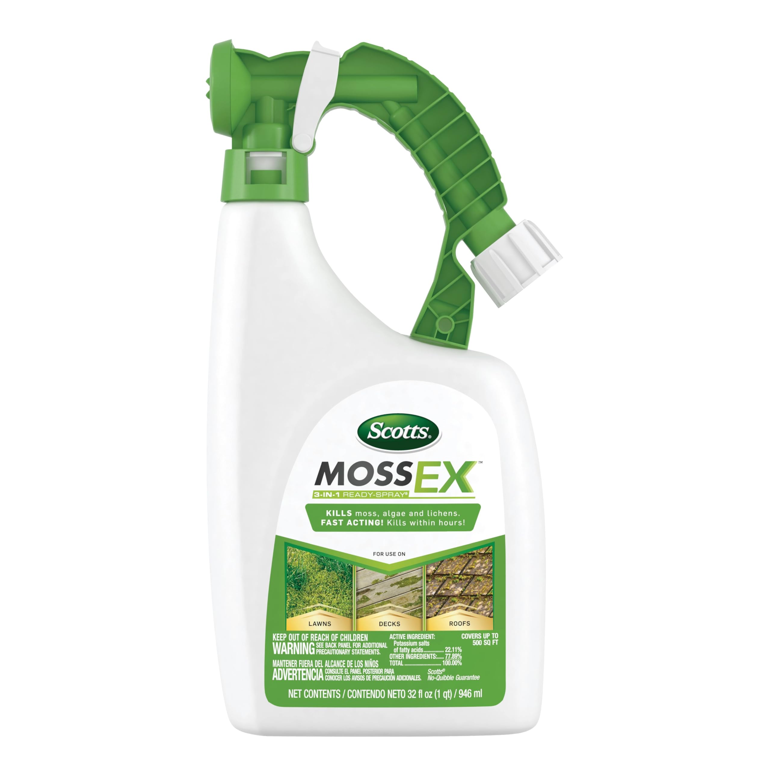Scotts MossEx 3-in-1 Ready-Spray bottle for fast moss control on outdoor surfaces.