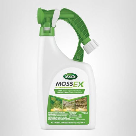 Scotts MossEx packaging shows 500 sq ft coverage per bottle.