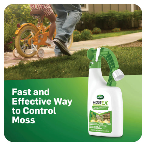 Scotts MossEx hose-end sprayer attached to a garden hose for easy application.