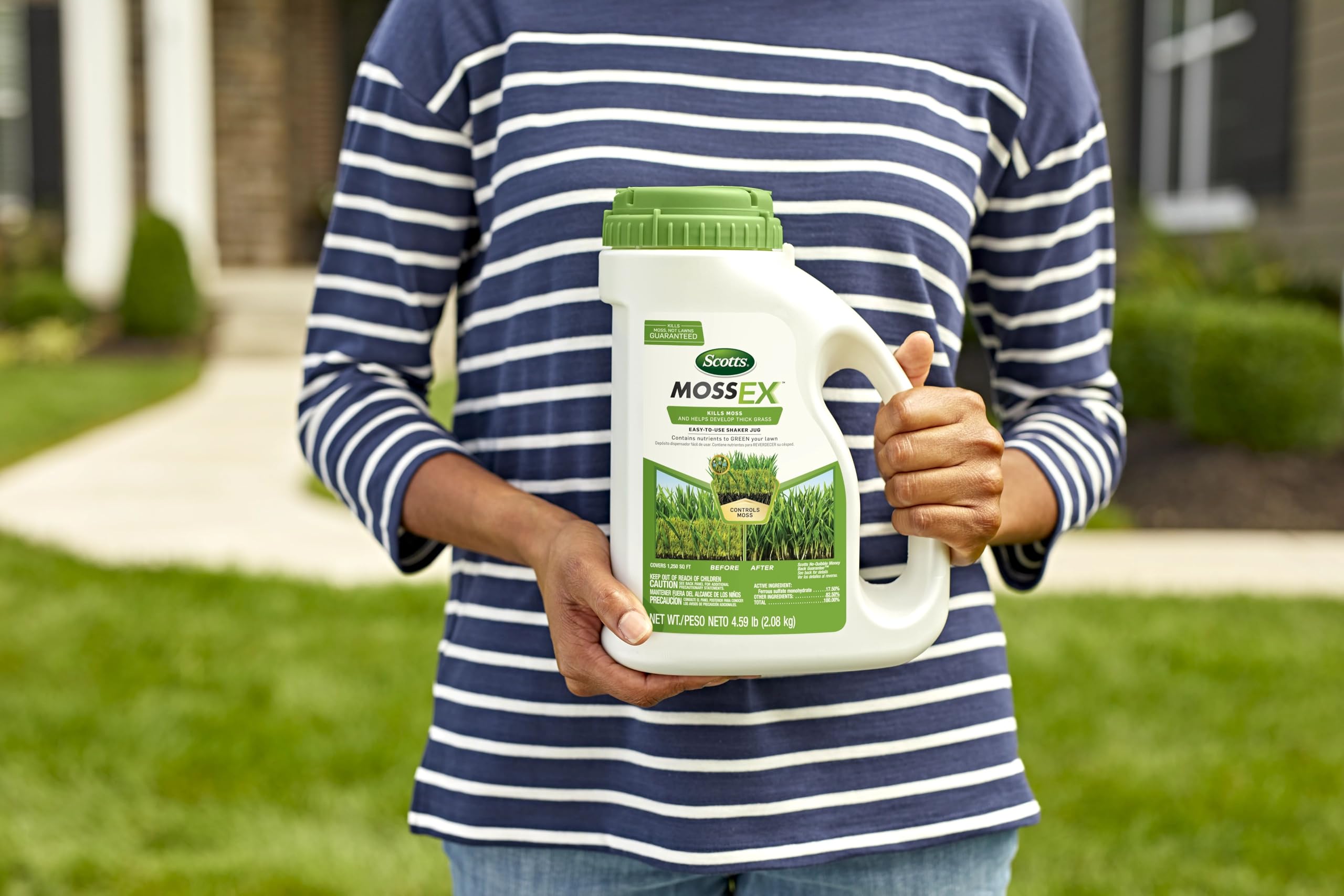 Scotts MossEx works toward a greener lawn over time.