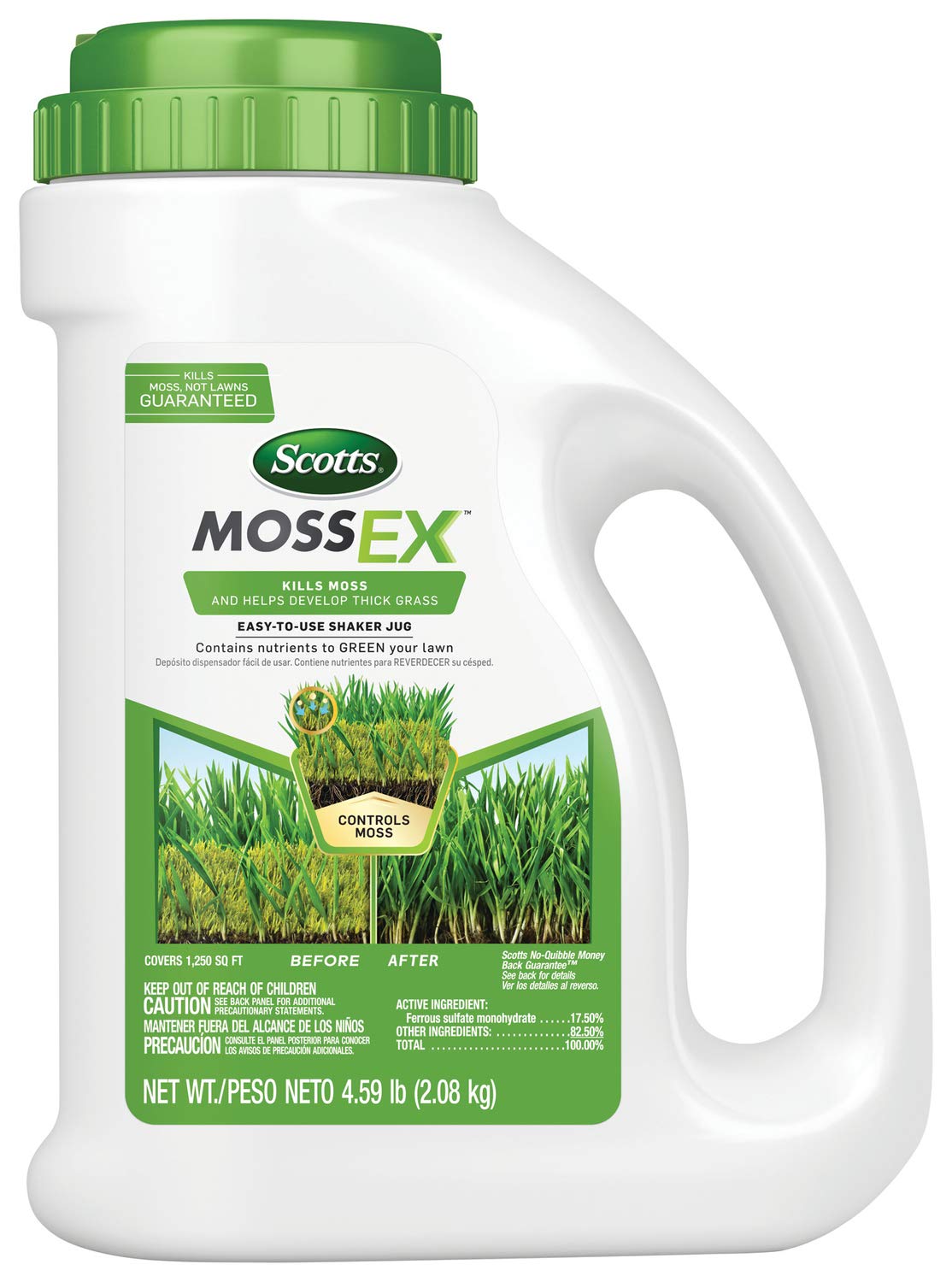Scotts MossEx shaker jug for precise moss treatment on lawns.
