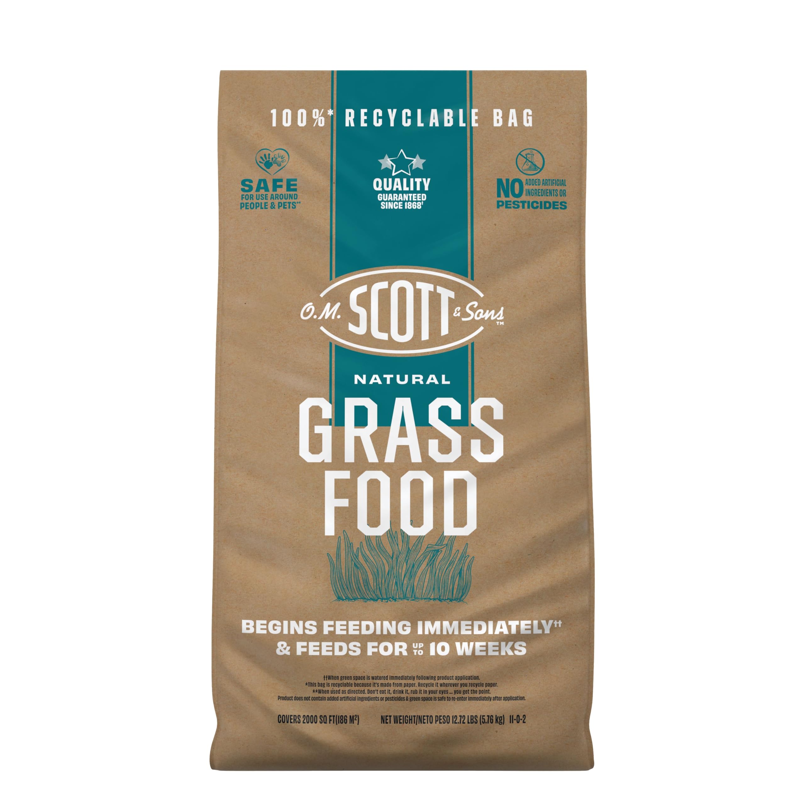 Scotts Natural Grass Food bag front view for easy lawn feeding.