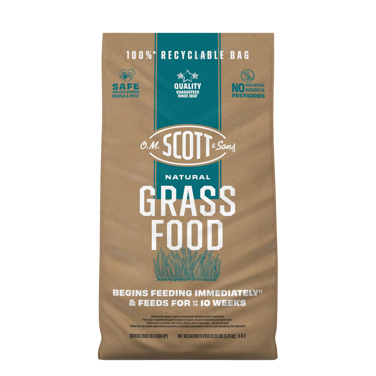 Scotts Natural Grass Food bag front view for easy lawn feeding.
