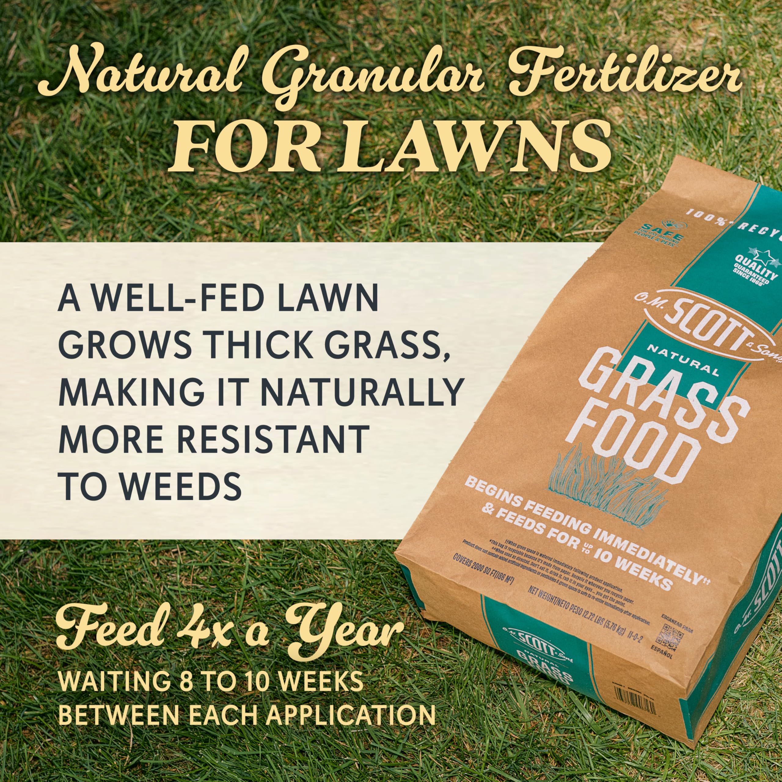 Scotts Natural Grass Food bag label detail with usage guidance.