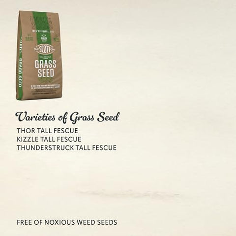Scotts O.M. Scott and Sons tall fescue seed bag back shows three-in-one formula.