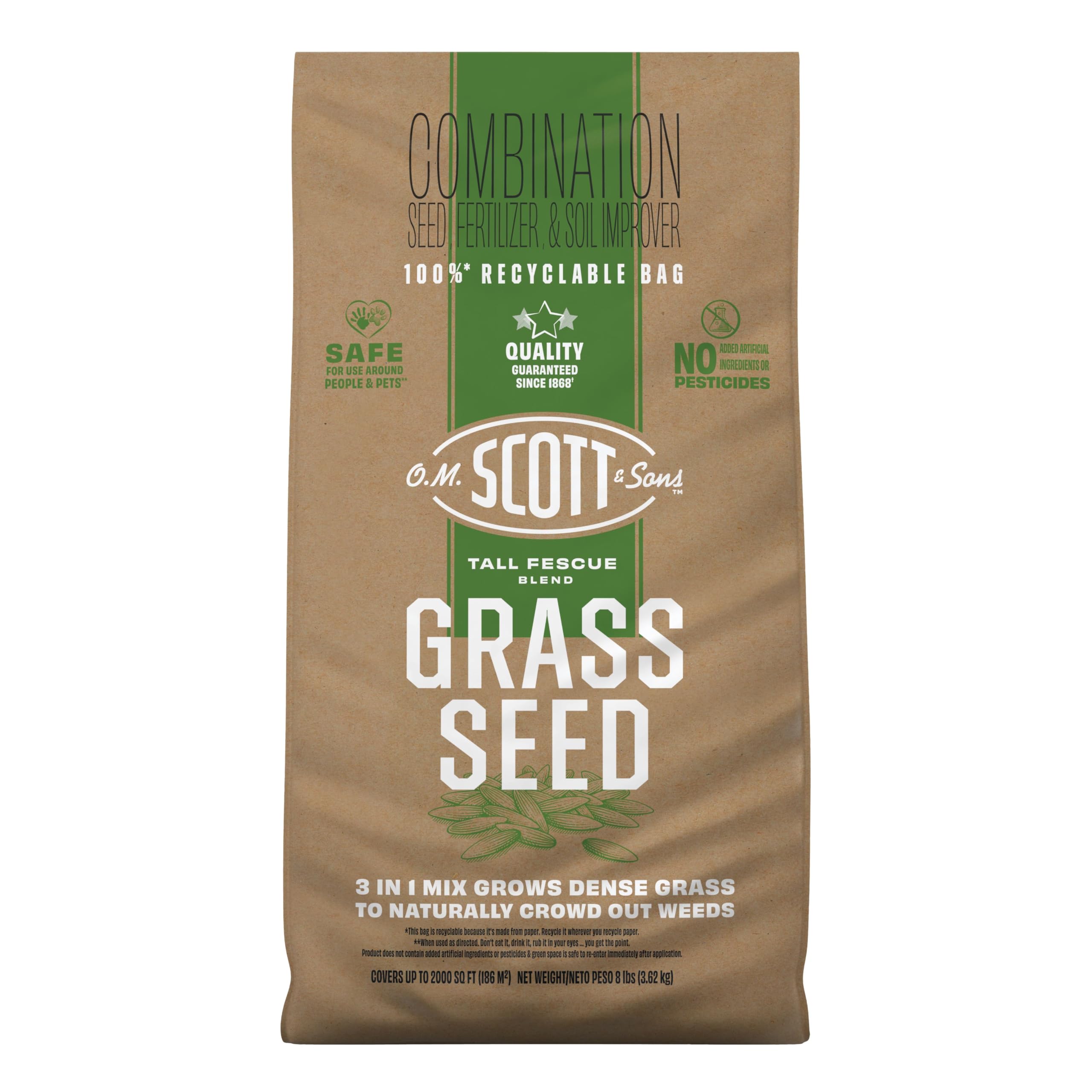 Scotts O.M. Scott and Sons tall fescue seed bag front promotes a premium lawn start.