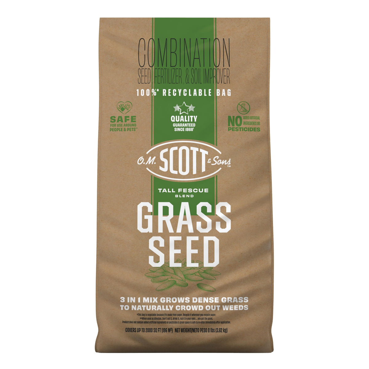 Scotts O.M. Scott and Sons tall fescue seed bag front promotes a premium lawn start.