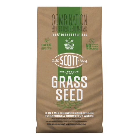 Scotts O.M. Scott and Sons tall fescue seed bag front promotes a premium lawn start.