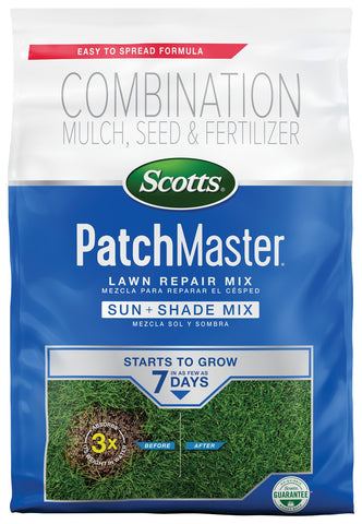 Scotts PatchMaster bare-spot repair shows seed, mulch, and fertilizer in action for quick fixes.