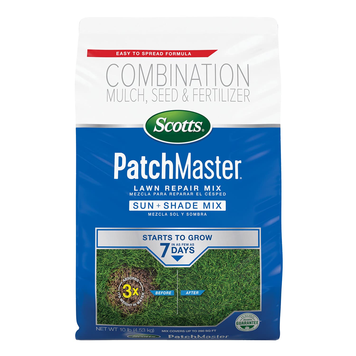 Scotts PatchMaster bag front view, ready-to-use lawn repair for bare spots.