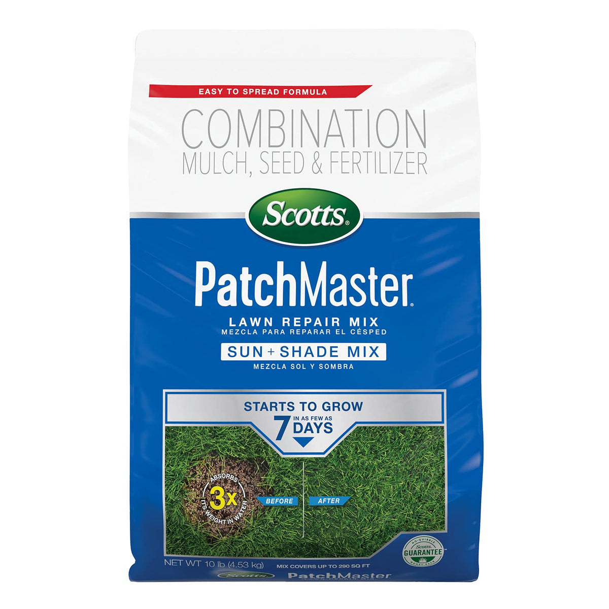 Scotts PatchMaster bag front view, ready-to-use lawn repair for bare spots.