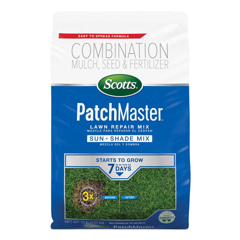 Scotts PatchMaster bag front view, ready-to-use lawn repair for bare spots.
