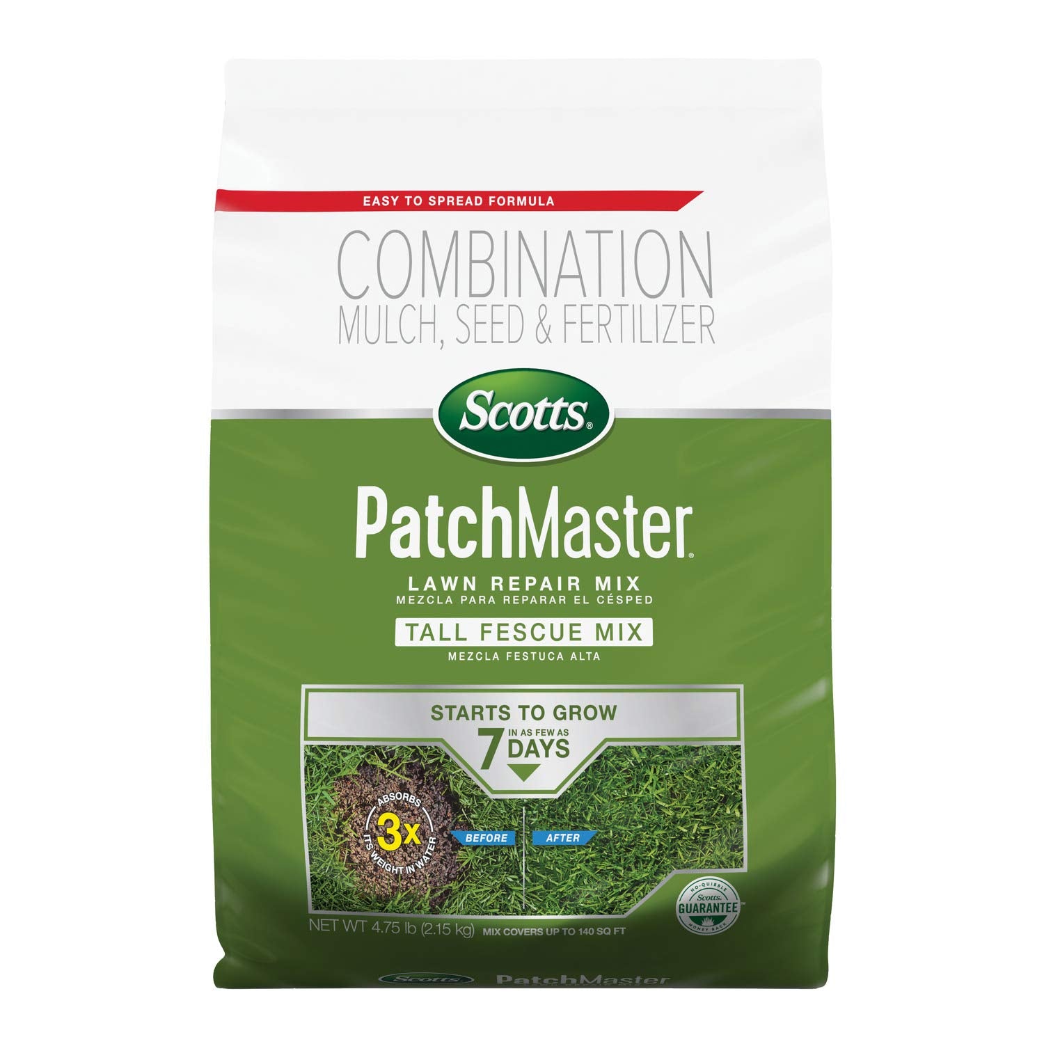 Scotts PatchMaster lawn repair mix bag with tall fescue seeds blends with your lawn to repair bare spots.