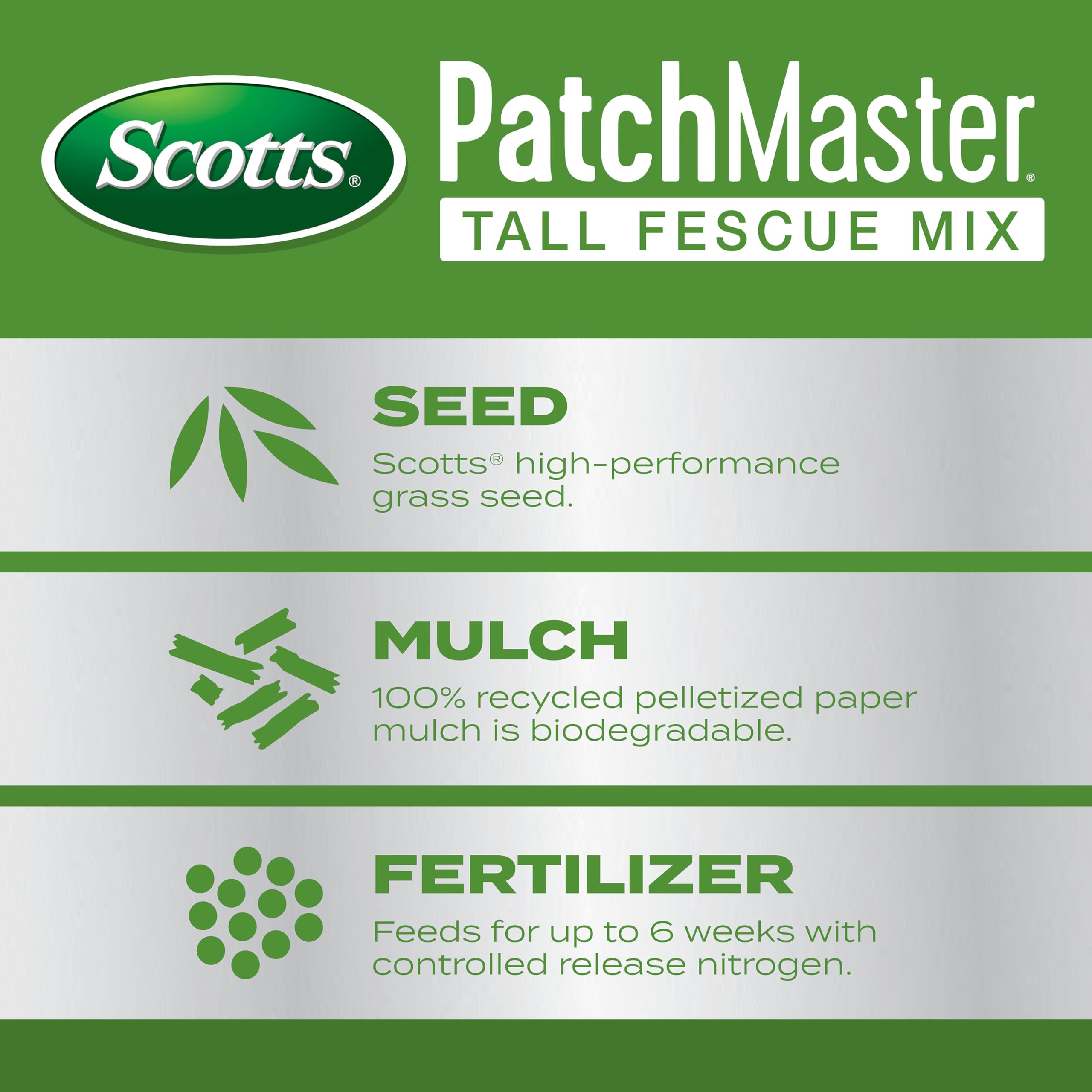 Scotts PatchMaster tall fescue seed blend designed to blend with existing turf.