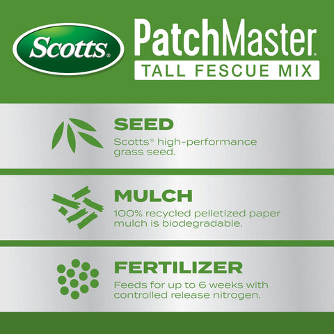 Scotts PatchMaster tall fescue seed blend designed to blend with existing turf.
