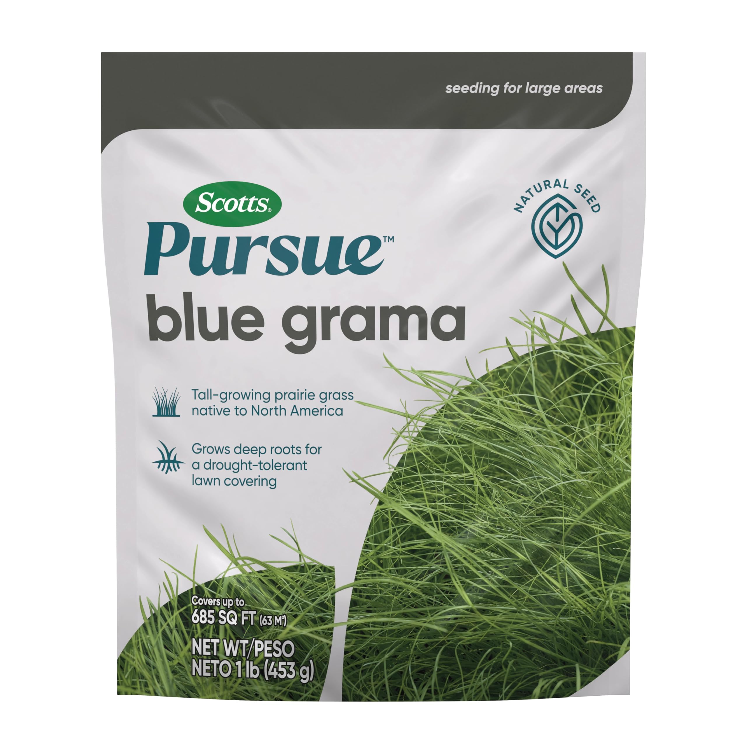 Scotts Pursue Blue Grama seed bag ready for drought-tolerant lawn planting.