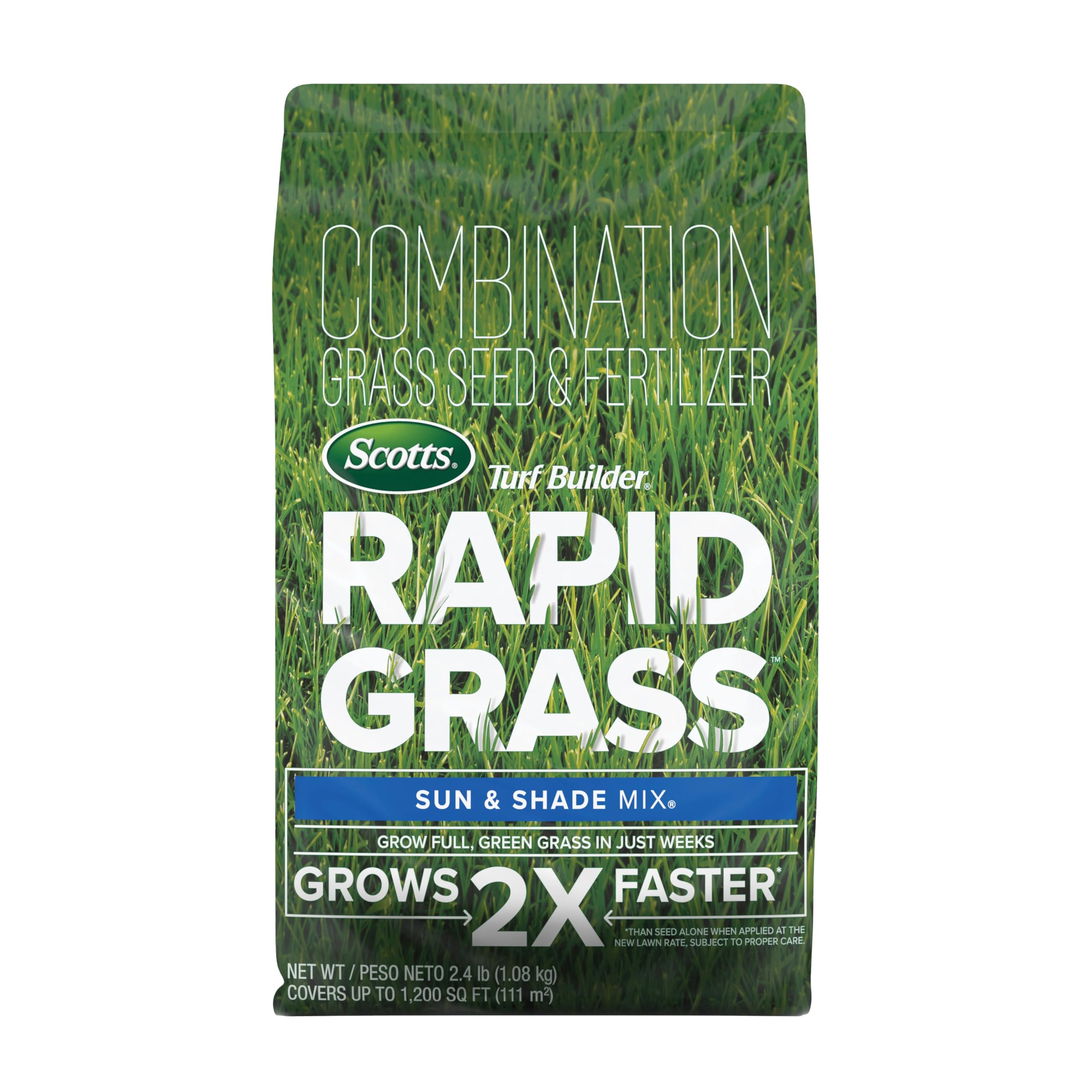 Scotts Rapid Grass Sun & Shade Mix bag front showing quick green lawn potential