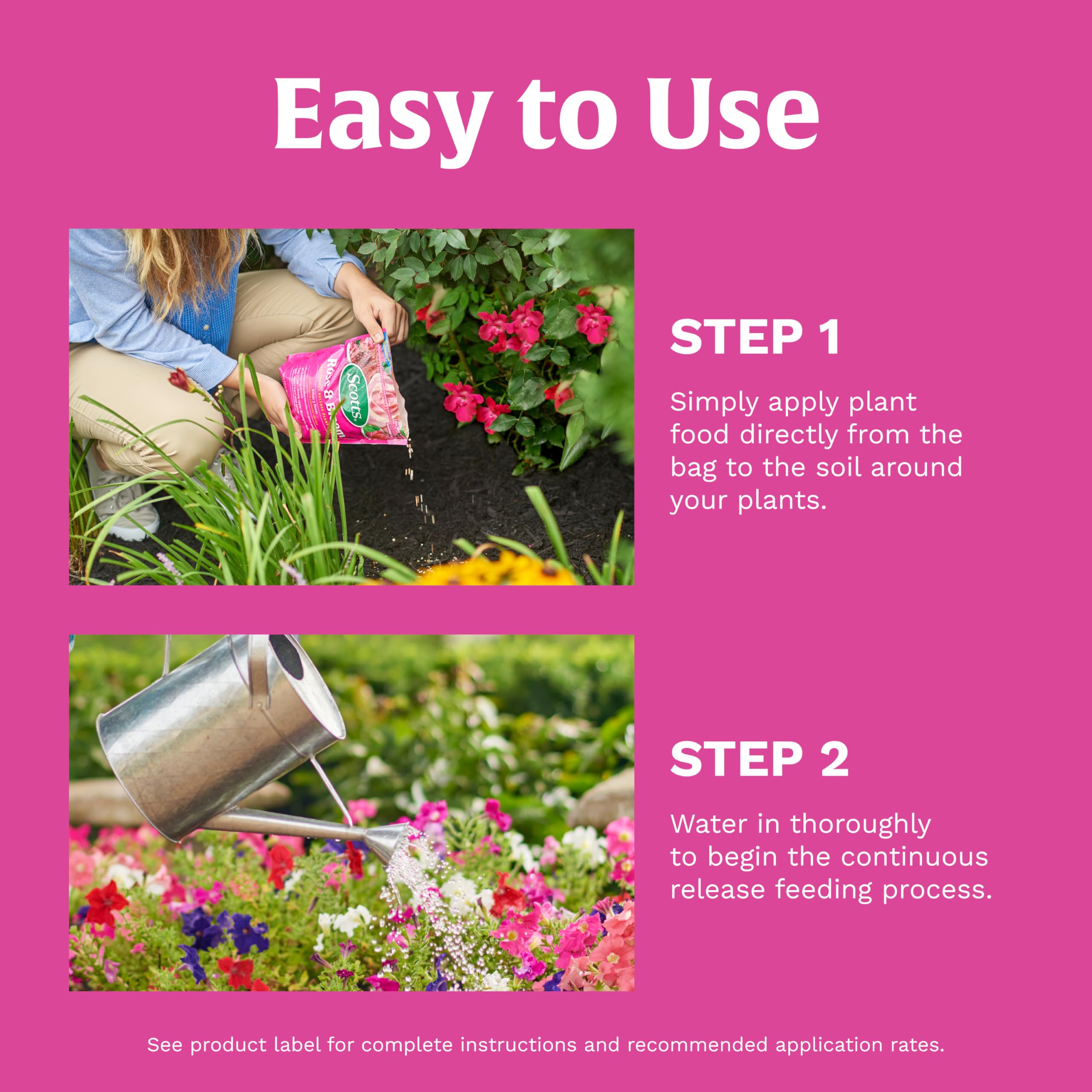 Scotts Rose & Bloom safe-use label shows correct application guidance.
