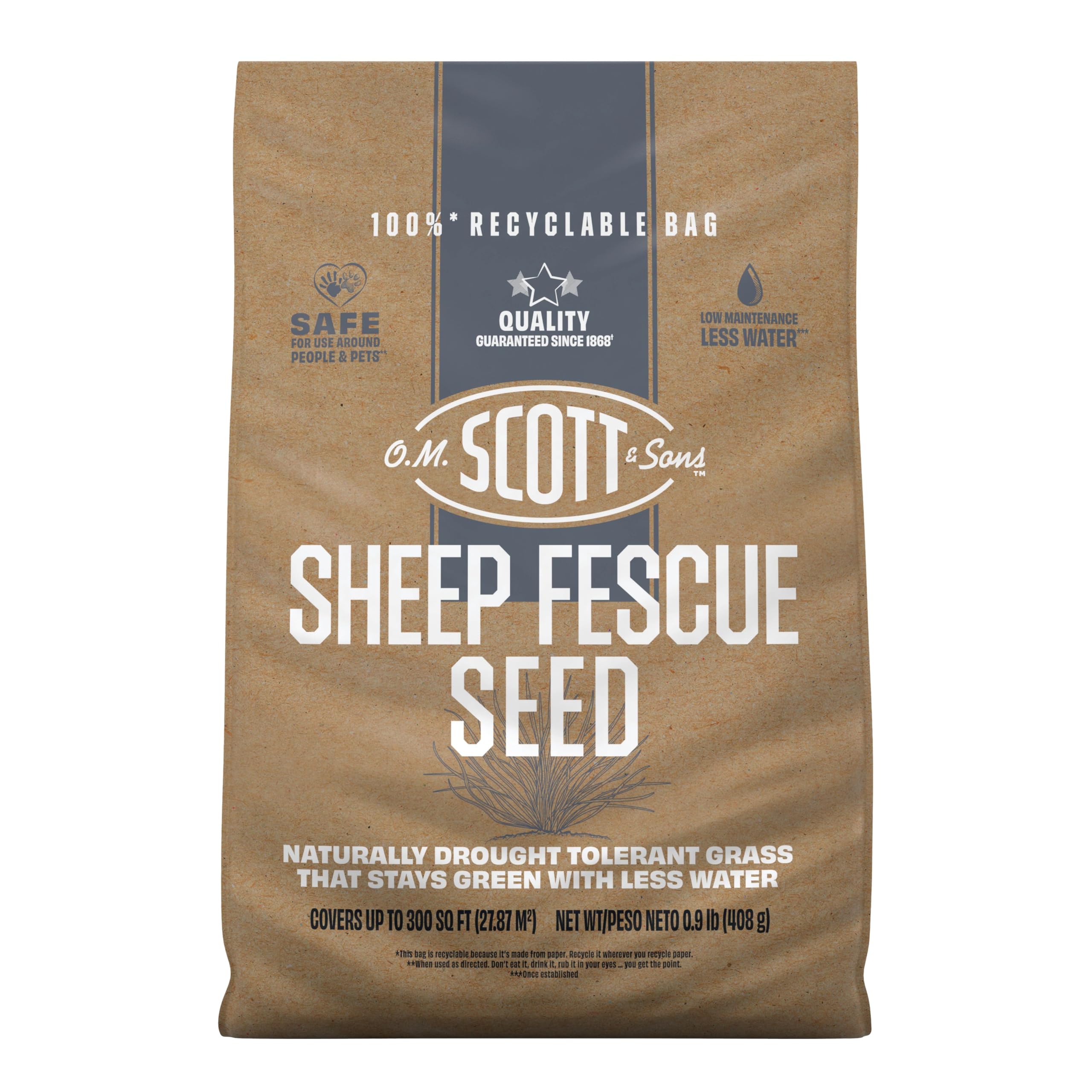 Scotts Sheep Fescue Seed bag front view, drought-tolerant lawn potential.