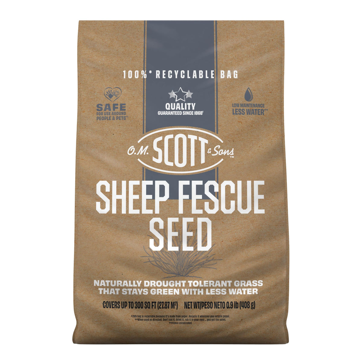Scotts Sheep Fescue Seed bag front view, drought-tolerant lawn potential.