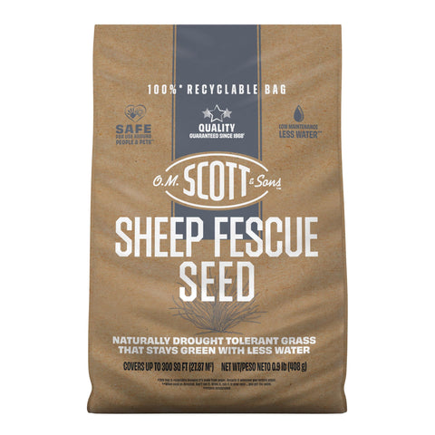 Scotts Sheep Fescue Seed bag front view, drought-tolerant lawn potential.