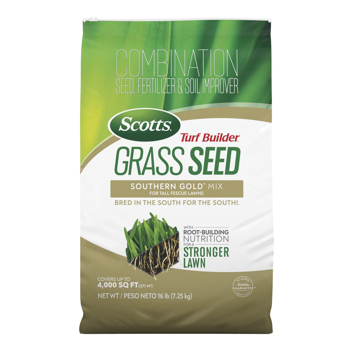 Scotts Southern Gold seed bag ready to establish a deep-rooted tall fescue lawn.