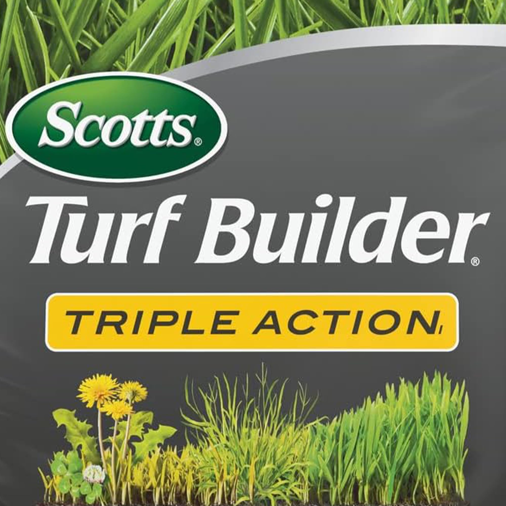 Scotts spreader applying Triple Action1 for even weed control in a lawn.