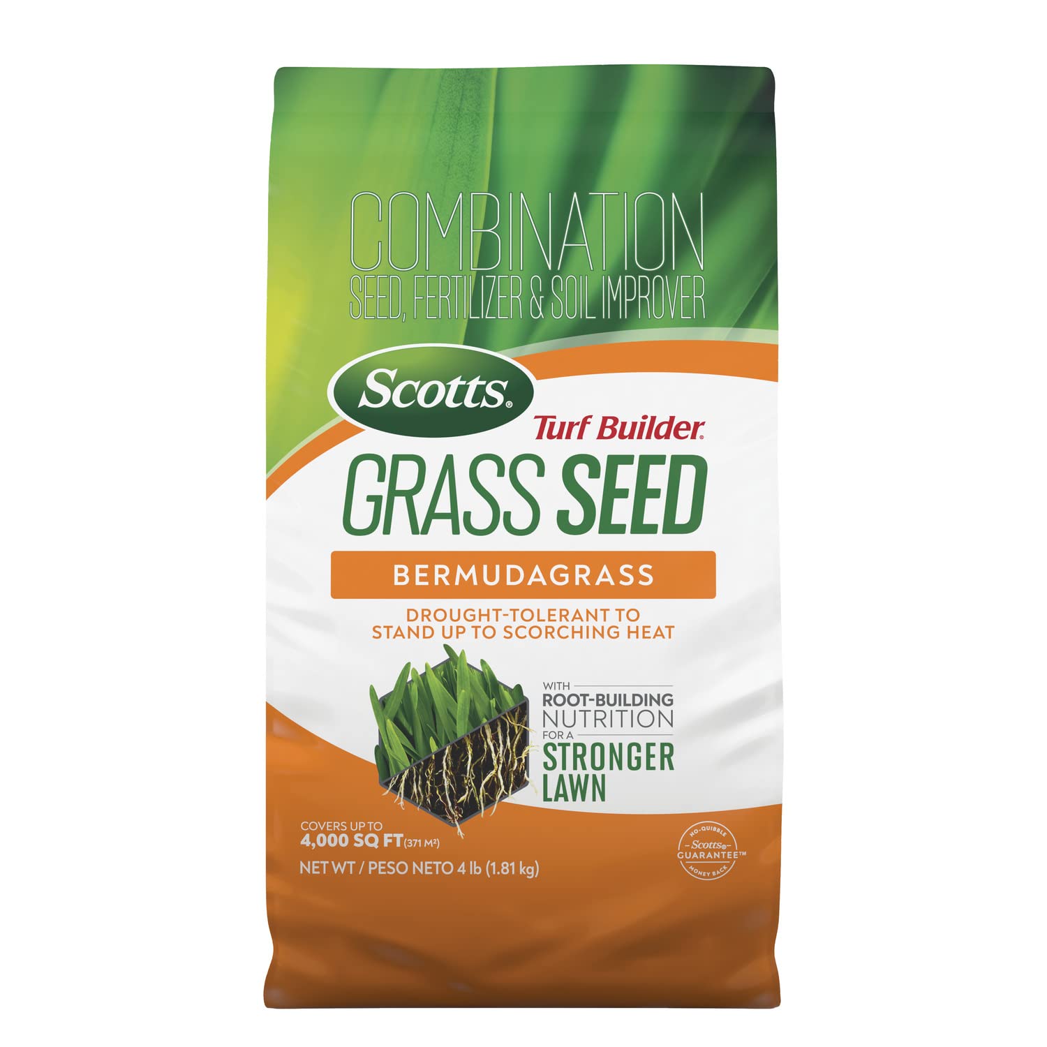 Scotts Turf Builder bermudagrass seed bag close-up, ready to spread for a dense, resilient lawn.