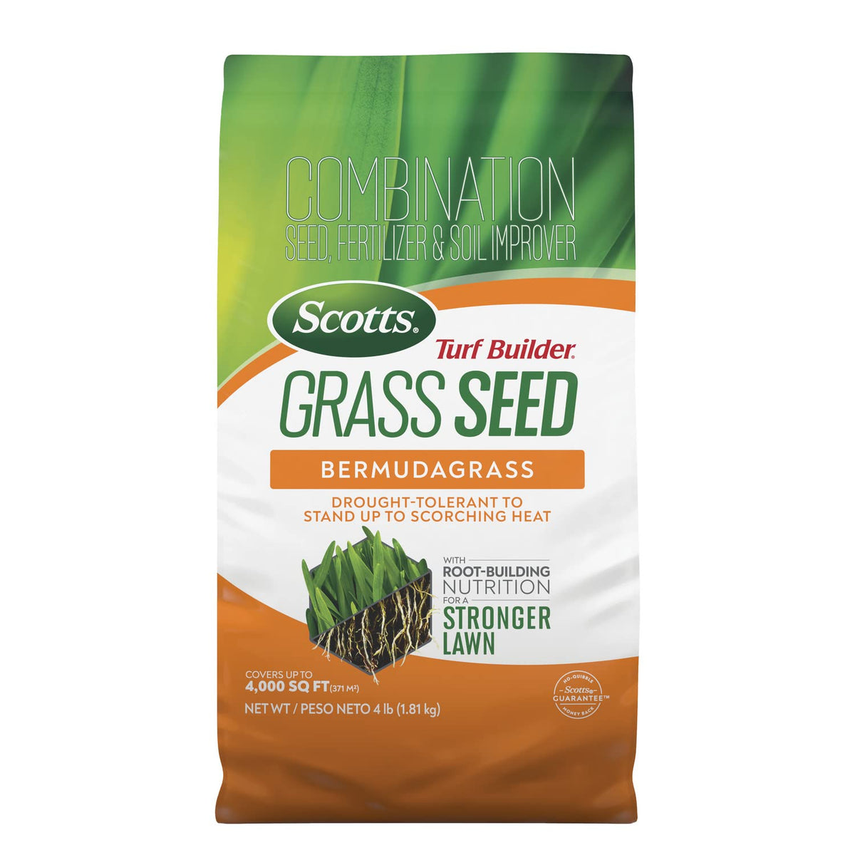 Scotts Turf Builder bermudagrass seed bag close-up, ready to spread for a dense, resilient lawn.