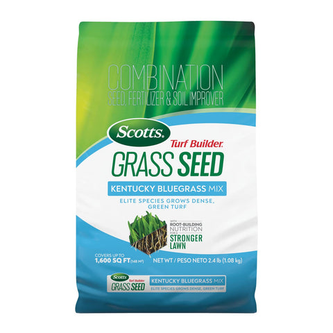Scotts Turf Builder bluegrass seed bag closeup showing premium seed blend