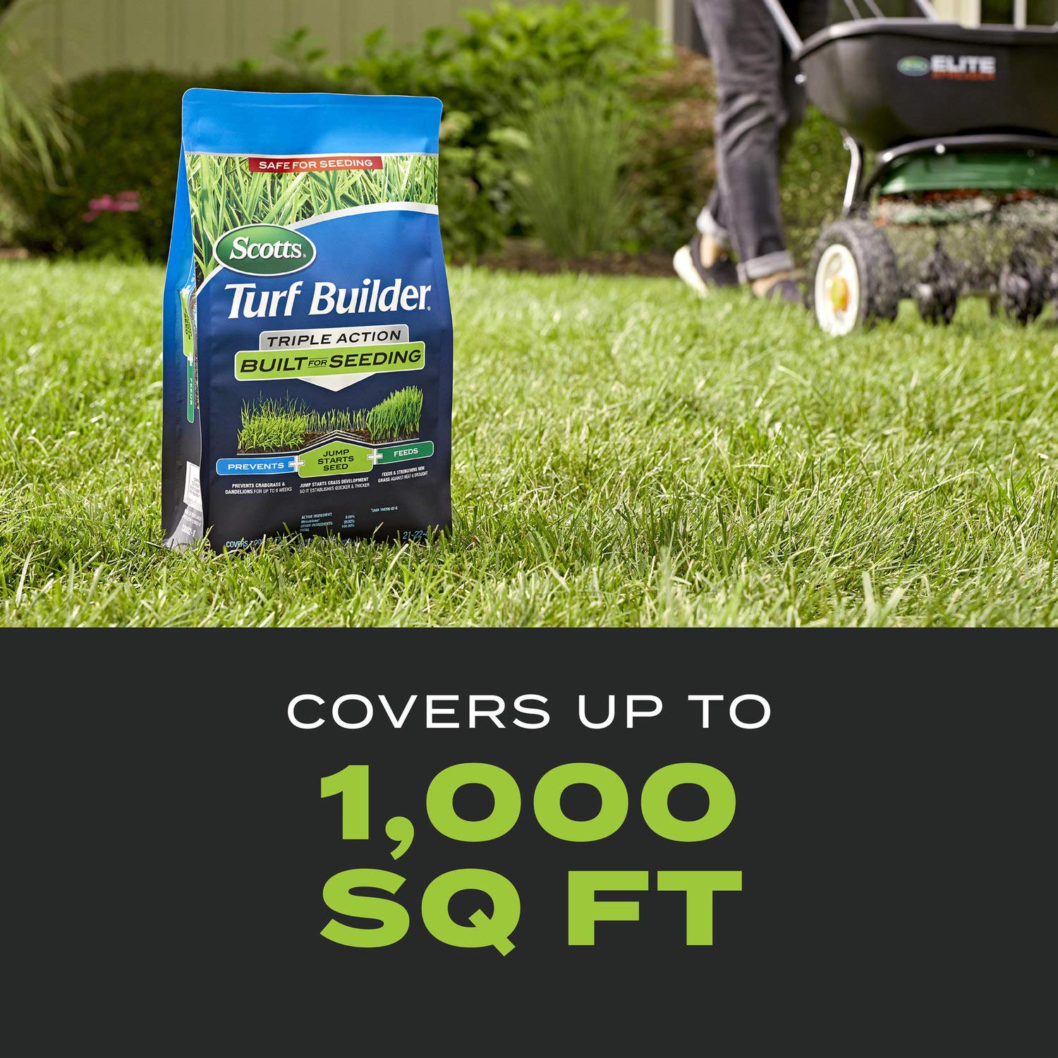 Scotts Turf Builder coverage image notes 1,000 sq ft per bag.