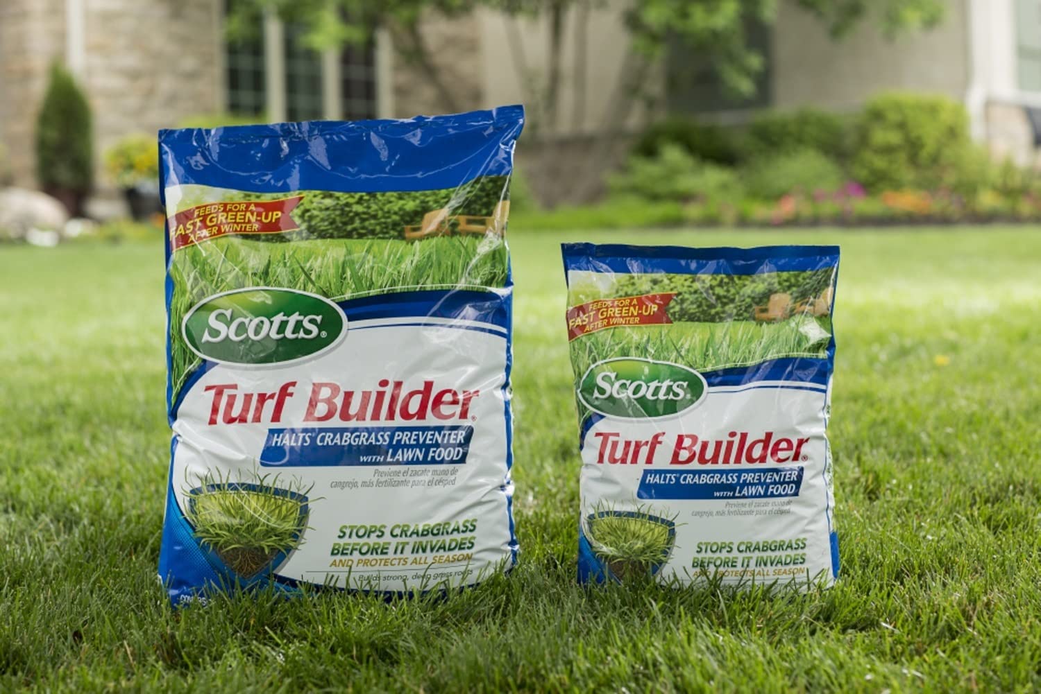Lawn care showing coverage capability of 15,000 sq ft per bag.