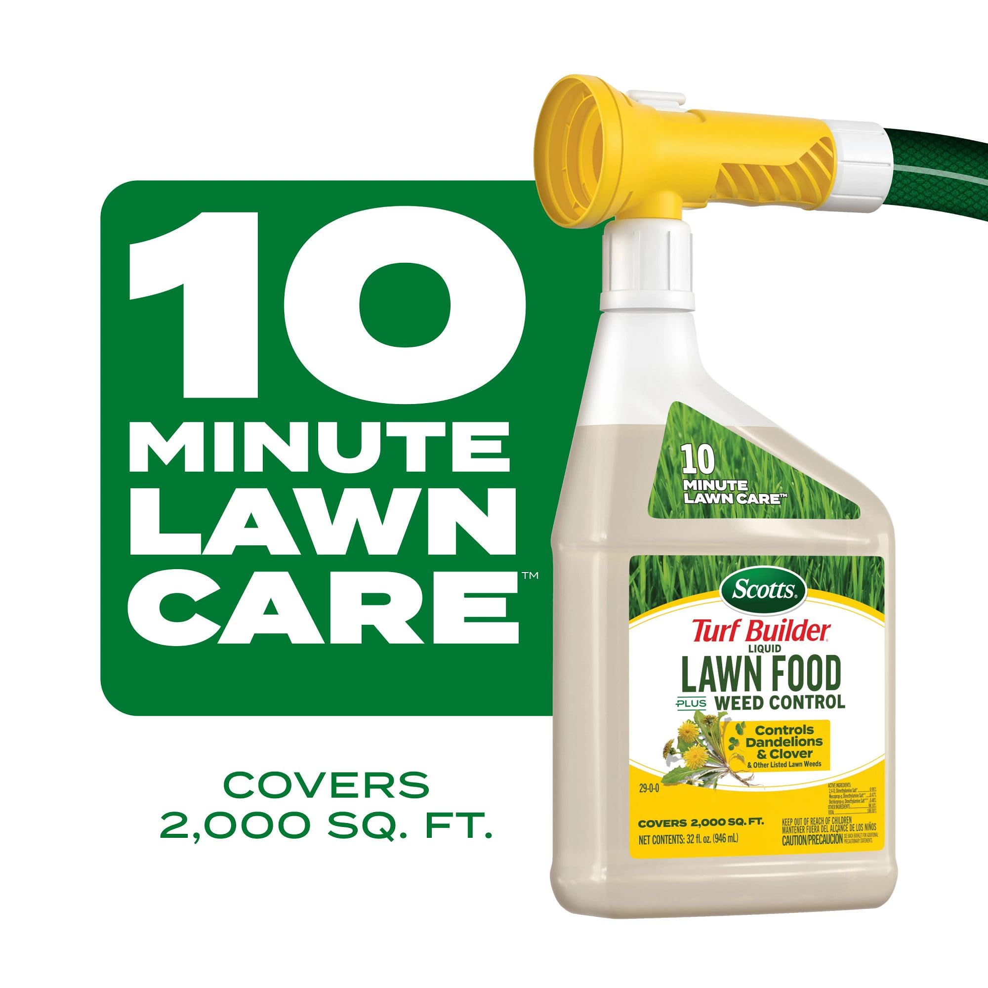 Diagram shows up to 2,000 sq ft coverage for lawn care.
