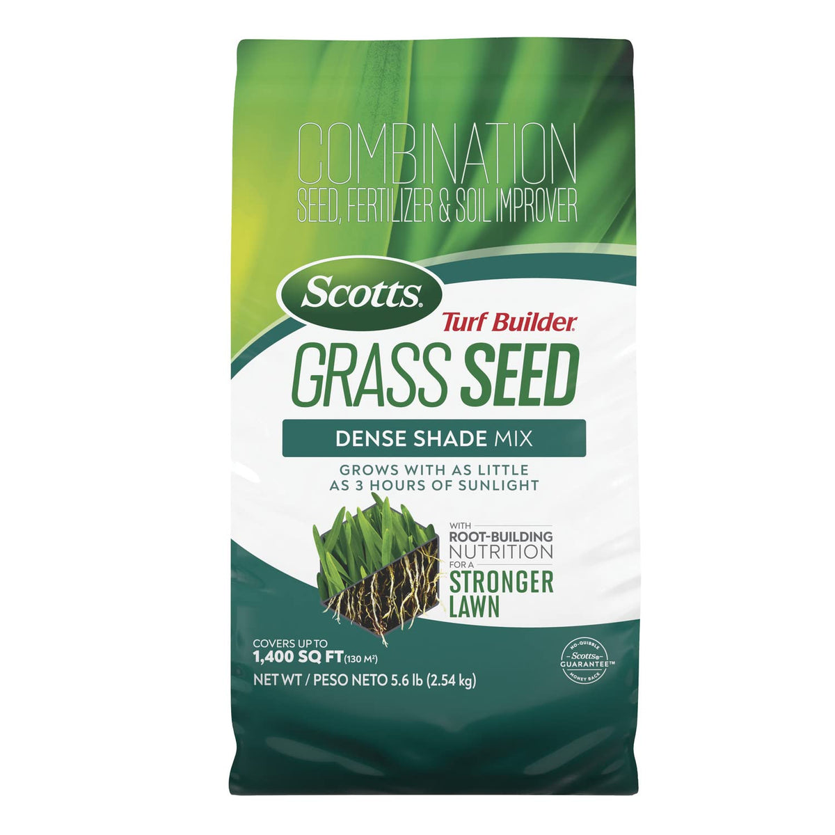 Scotts Turf Builder Dense Shade Seed bag front for low-light lawns.